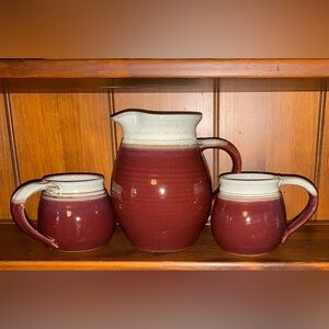 Rustic Red and Cream Pottery Pitcher and Mug Set